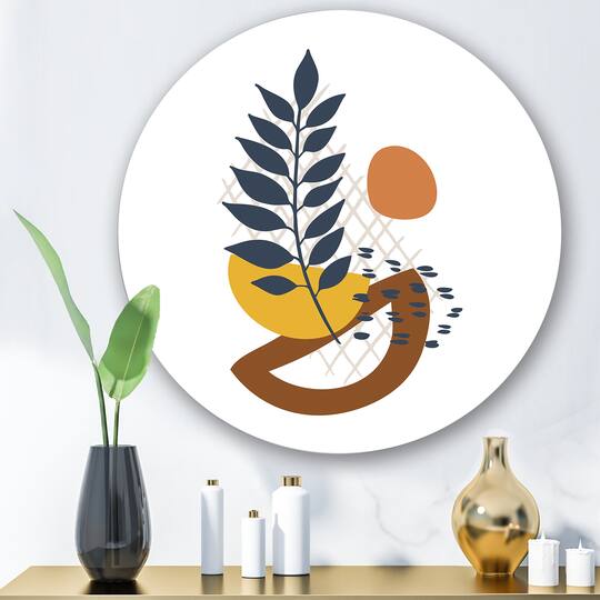 Designart - Elementary Shapes With Abstract Leaves - Modern Metal Circle Wall Art